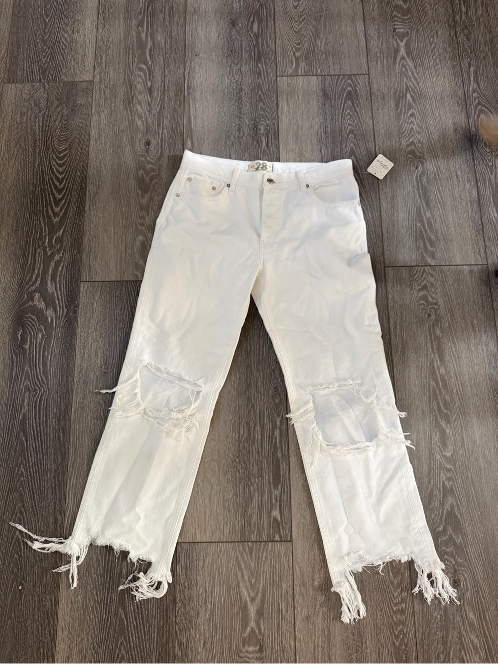 Free People White Distressed Cropped Straight Jeans